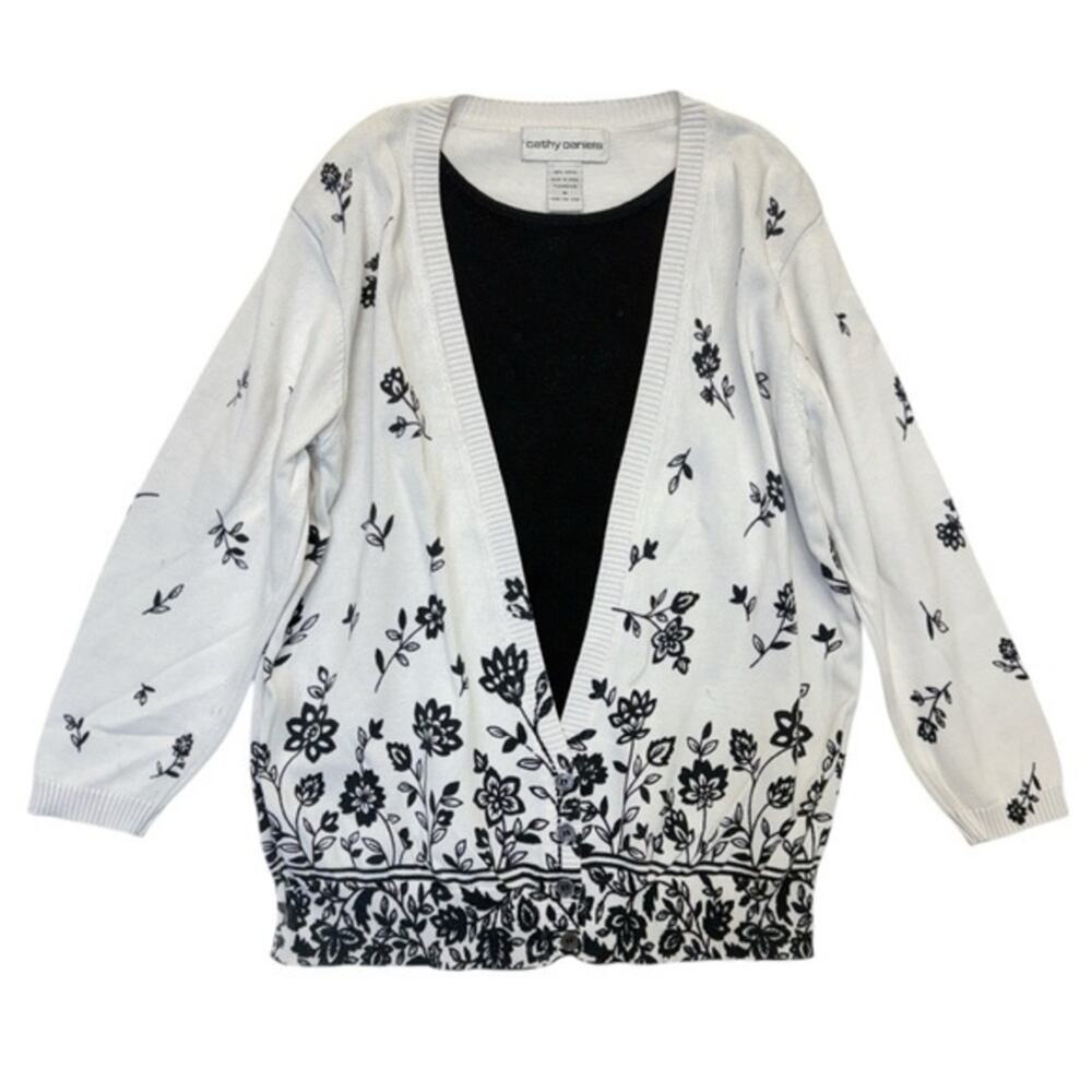 Cathy Daniels Layered Knit Cardigan Sweater Women’s Medium black white floral